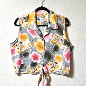 Jaclyn Smith Sport Shirt Womens XL Sleeveless Button Up Front Tie Hawaiian Top